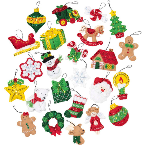 Bucilla felt christmas ornament kit. Kit features 24 mini ornaments to make including snowman, santa, gifts, angel, gingerbread, train, polar bear, sleigh, tree , candy, wreath, candle and more.