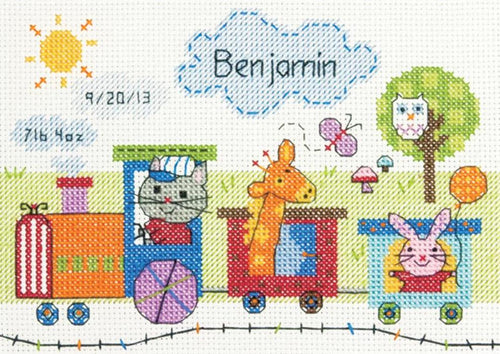 DIY Dimensions Train Birth Record Baby Animals Counted Cross Stitch Kit 73925