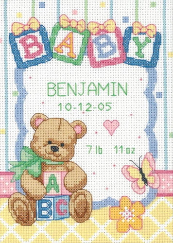 DIY Dimensions Baby Blocks Bear Birth Record Gift Counted Cross Stitch Kit 73049