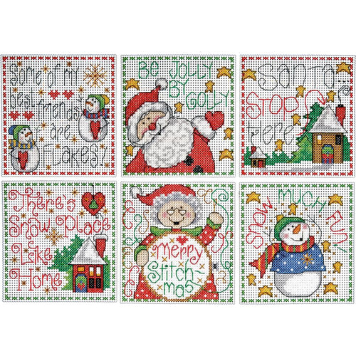 Design Works plastic canvas ornament kit. Design features six square ornaments  with christmas sayings.