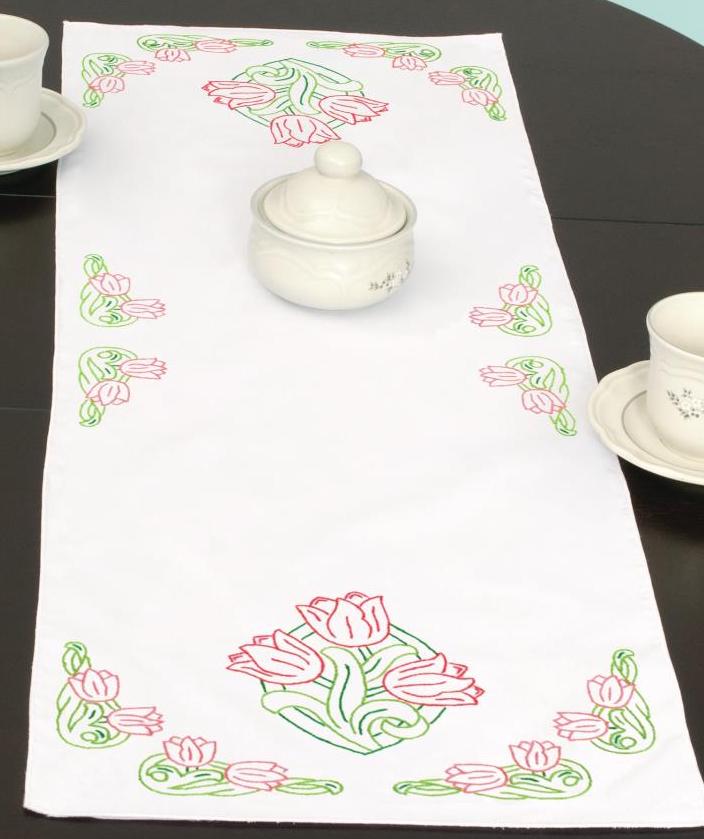 DMG DIY Jack Dempsey Tulips Flowers Stamped Embroidery Table Runner Kit