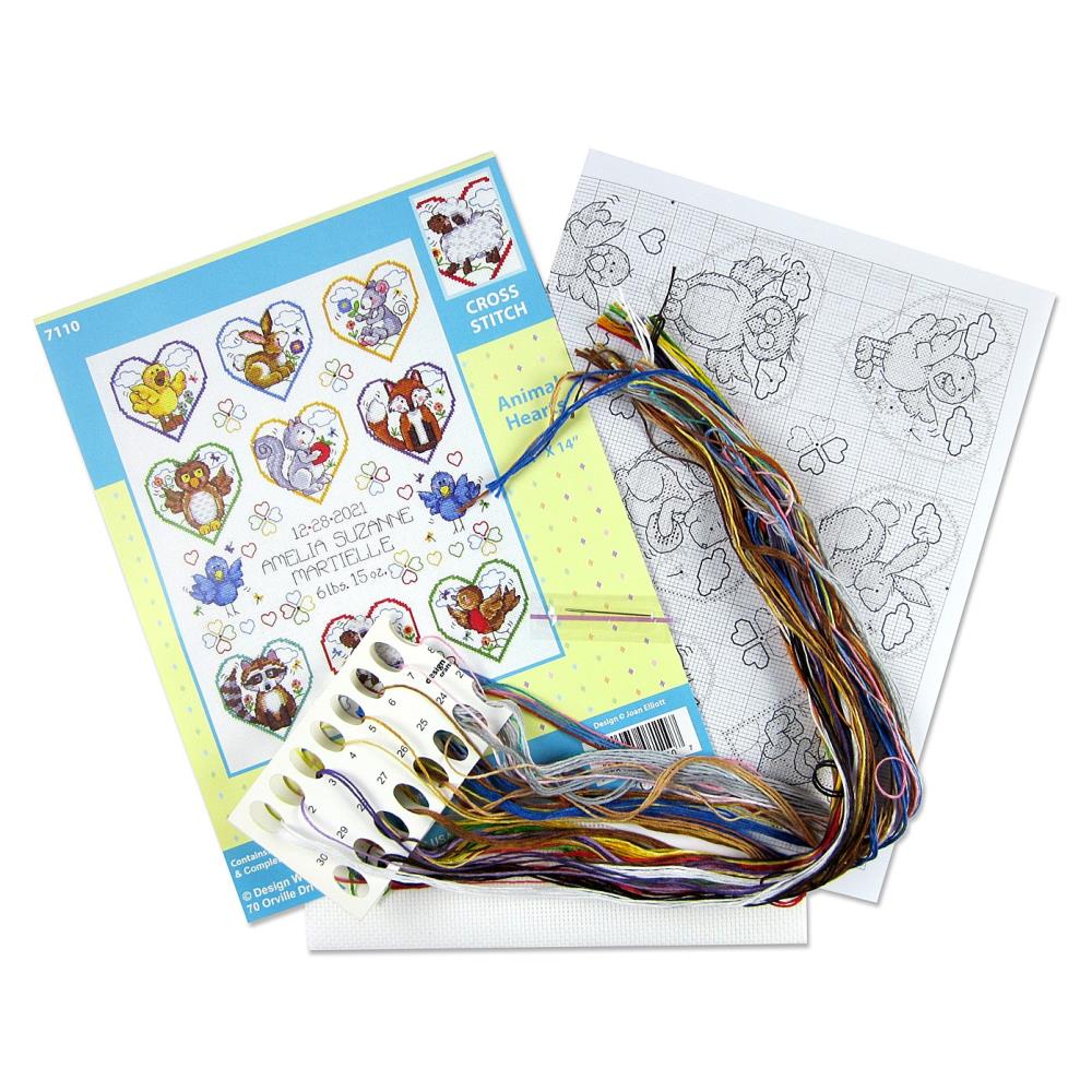 DIY Design Works Animal Hearts Baby Birth Record Counted Cross Stitch Kit