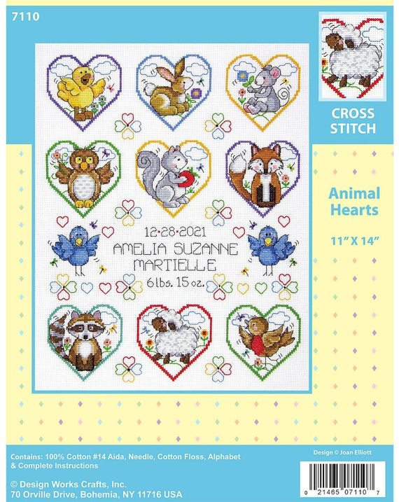 DIY Design Works Animal Hearts Baby Birth Record Counted Cross Stitch Kit