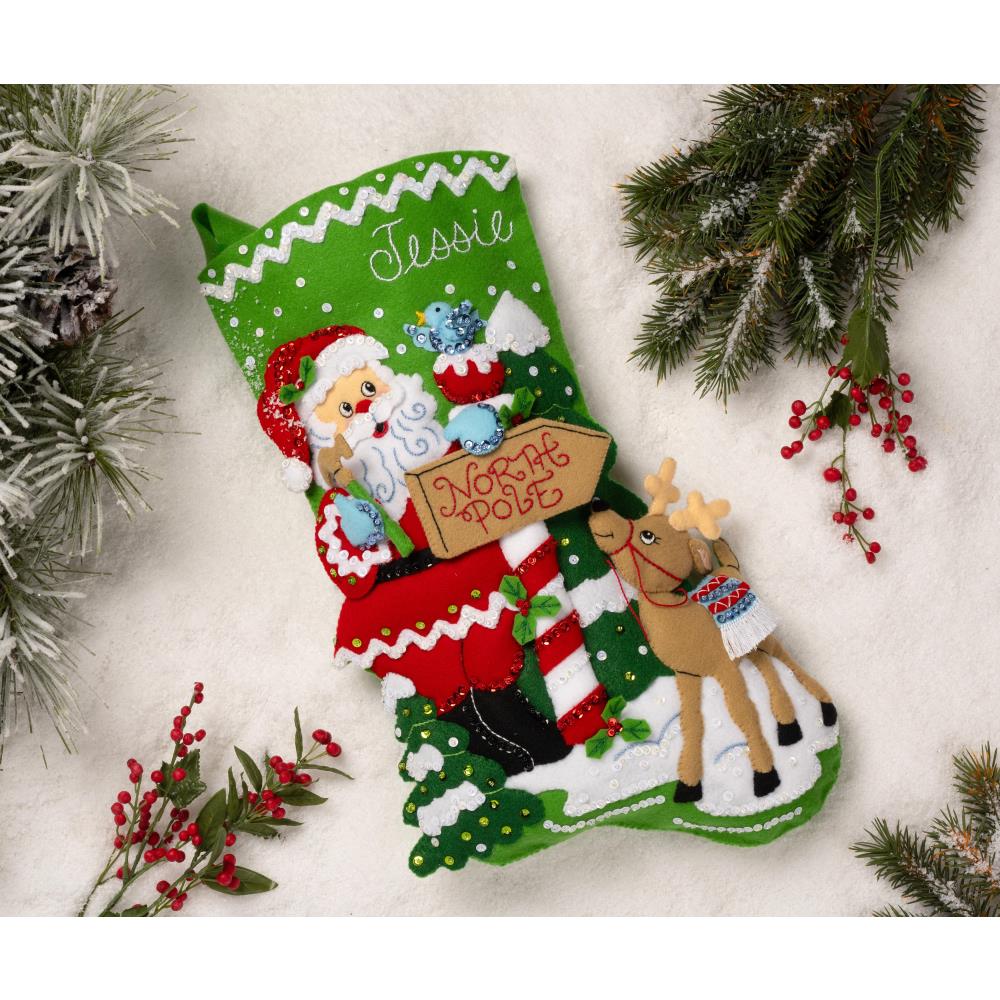 DIY Bucilla North Pole This Way Santa Christmas Felt Stocking Kit