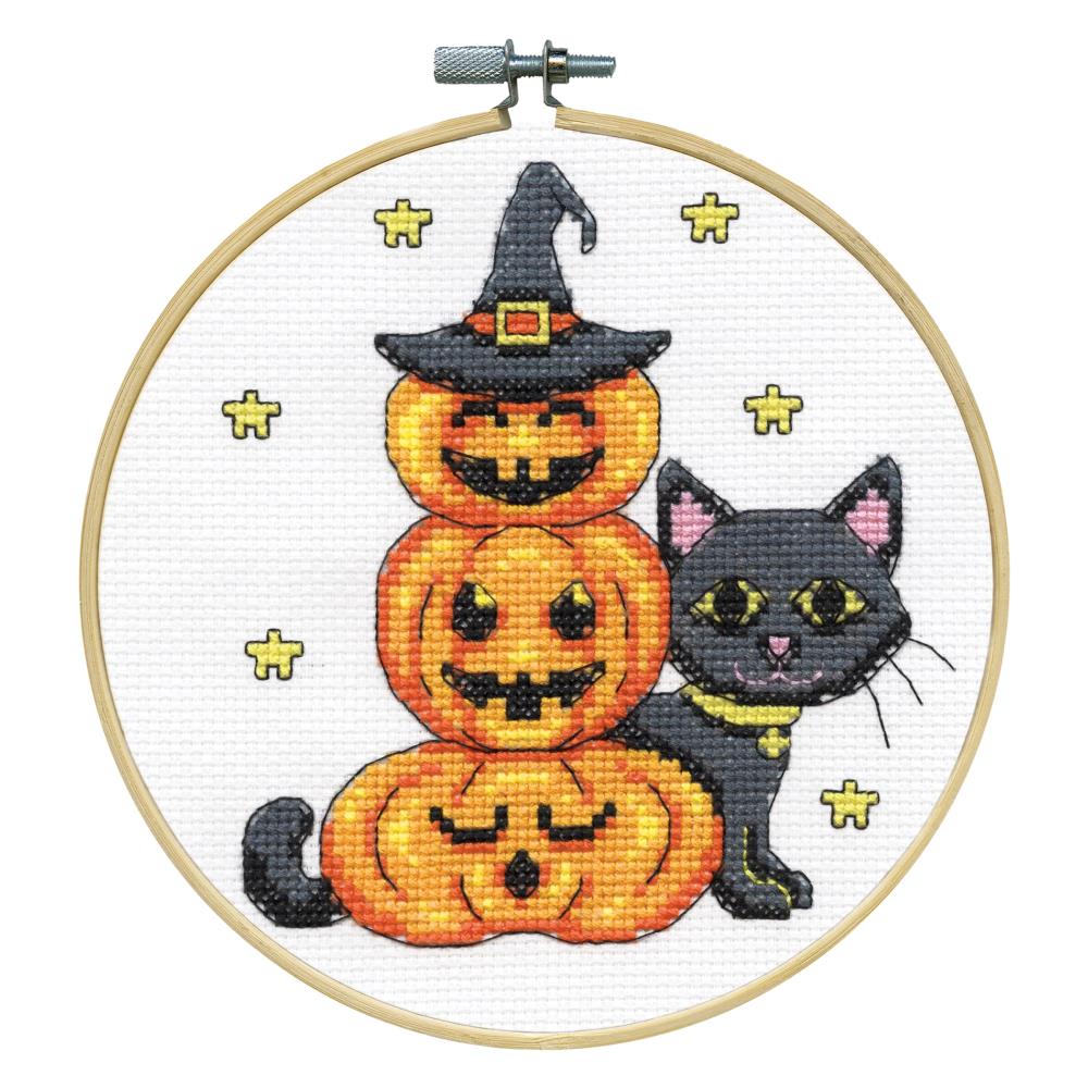 DIY Design Works Cat with Pumpkins Halloween Counted Cross Stitch Hoop Kit