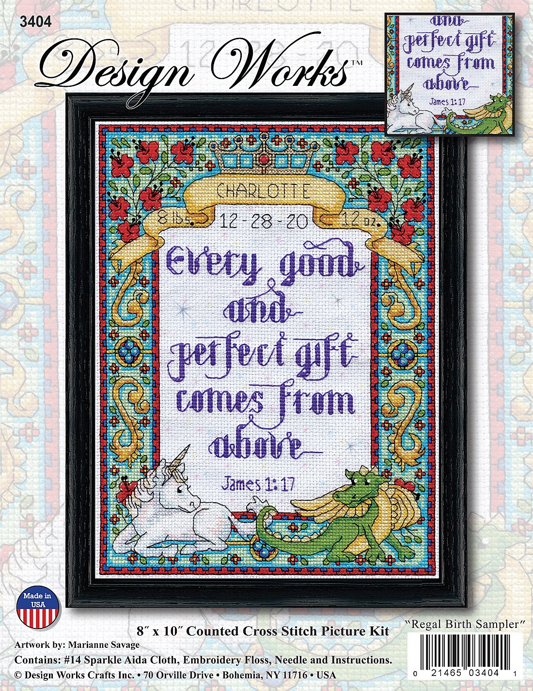 DIY Design Works Regal Birth Record Unicorn Verse Counted Cross Stitch Kit 8x10