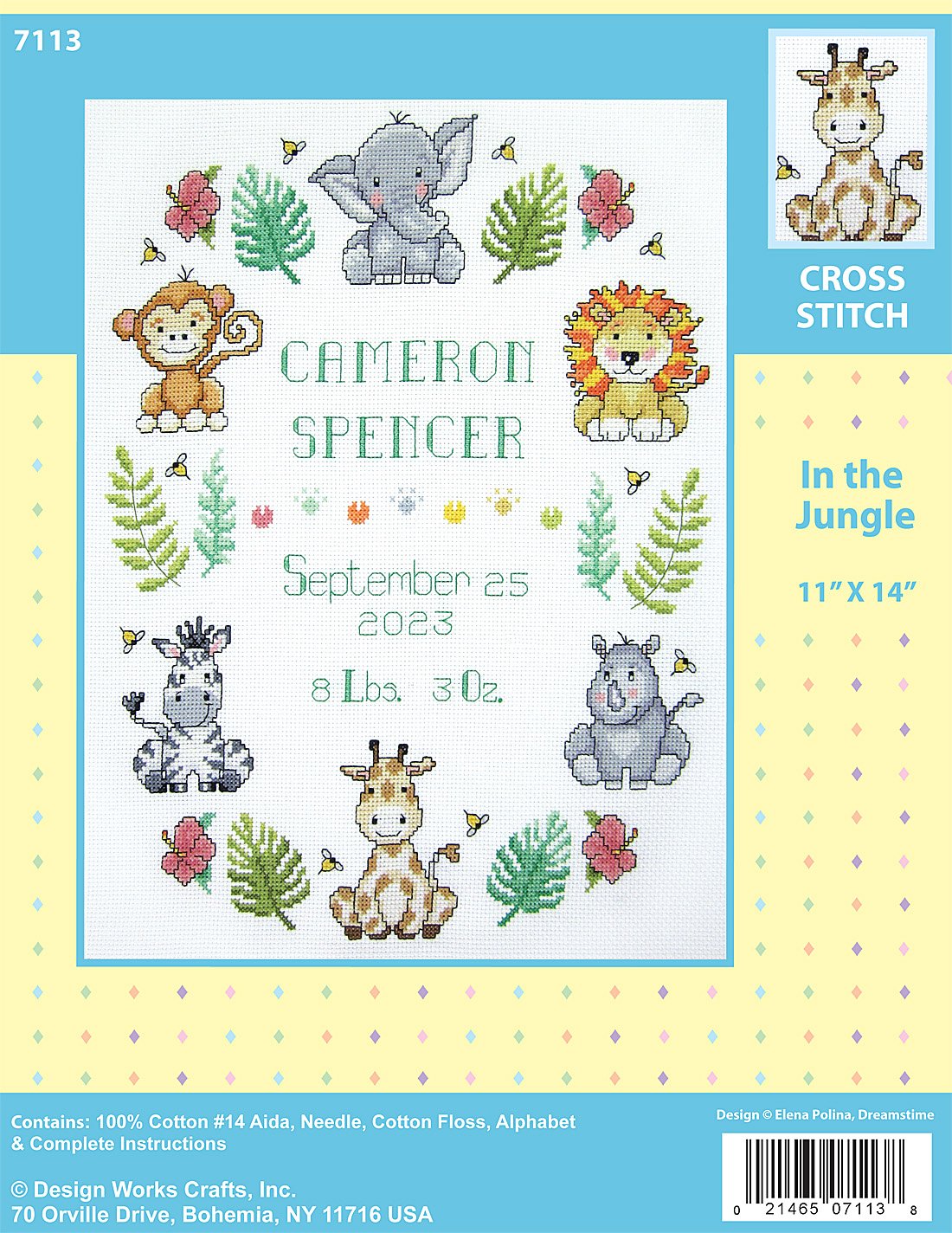 DIY Design Works Jungle Animals Birth Record Counted Cross Stitch Kit 11x14