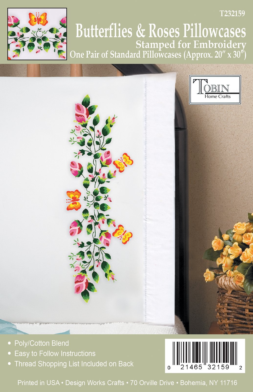 DIY Design Works Butterflies & Roses Stamped Embroidery Pillowcase Kit
