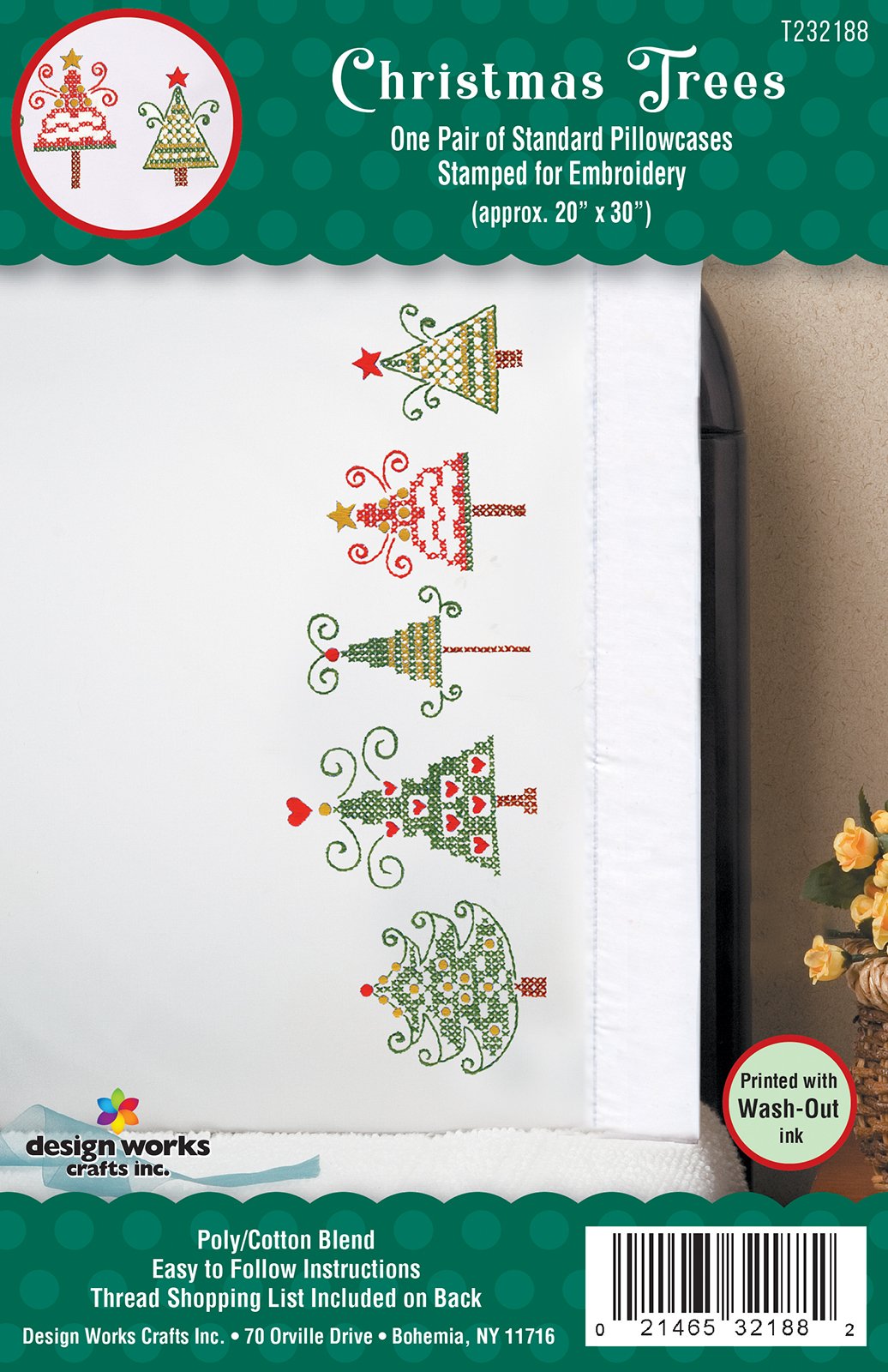 DIY Design Works Christmas Trees Stamped Embroidery Pillowcase Kit
