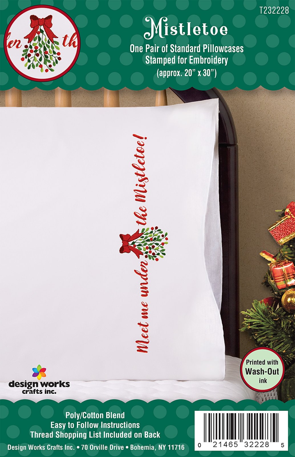 DIY Design Works Mistletoe Christmas Stamped Embroidery Pillowcase Kit
