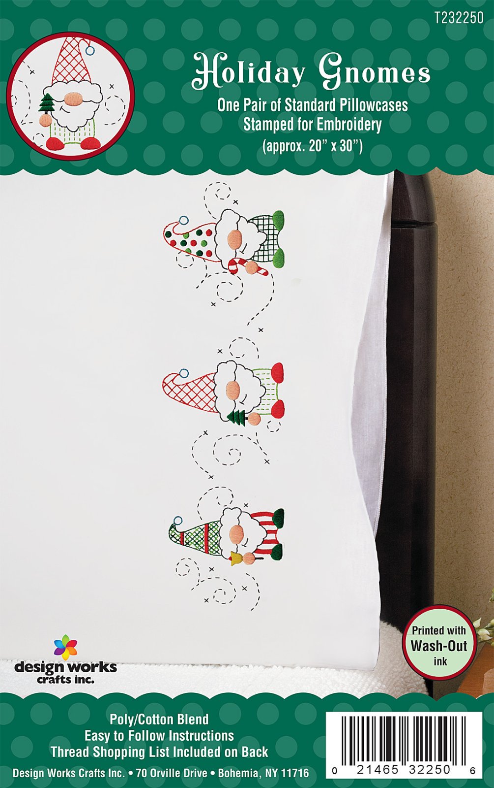 DIY Design Works Holiday Gnomes Christmas Stamped Embroidery Pillowcase Kit