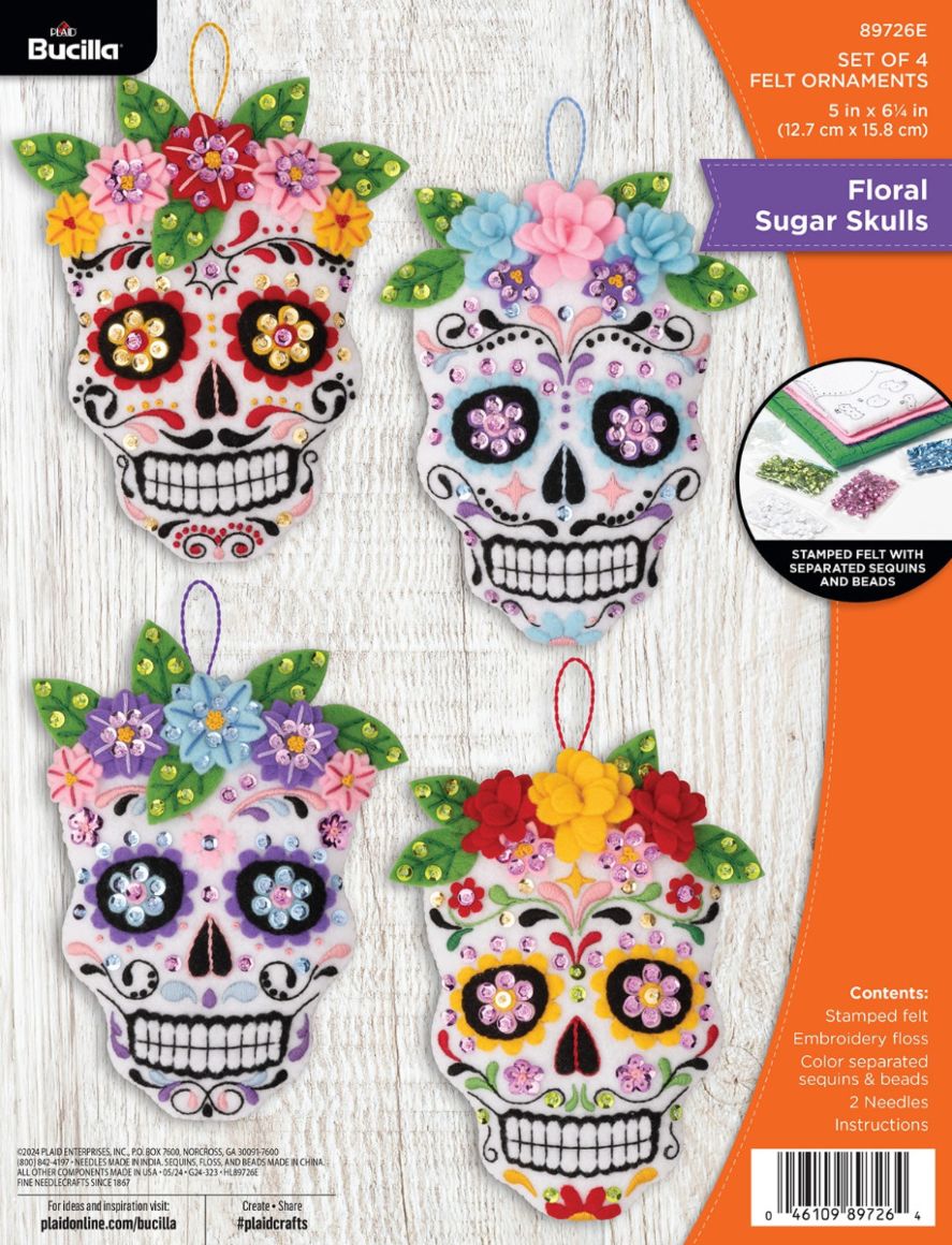 DIY Bucilla Floral Sugar Skulls Halloween Felt Ornament Kit