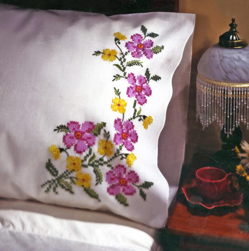 DIY Design Works Fragrant Floral Flowers Stamped Embroidery Pillowcase Kit