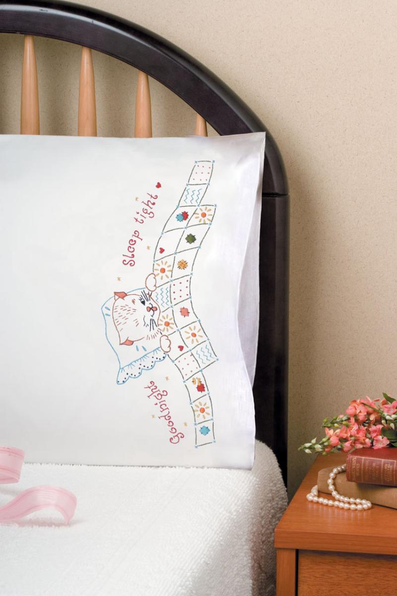 DIY Design Works Good Night Cat Stamped Embroidery Pillowcase Kit