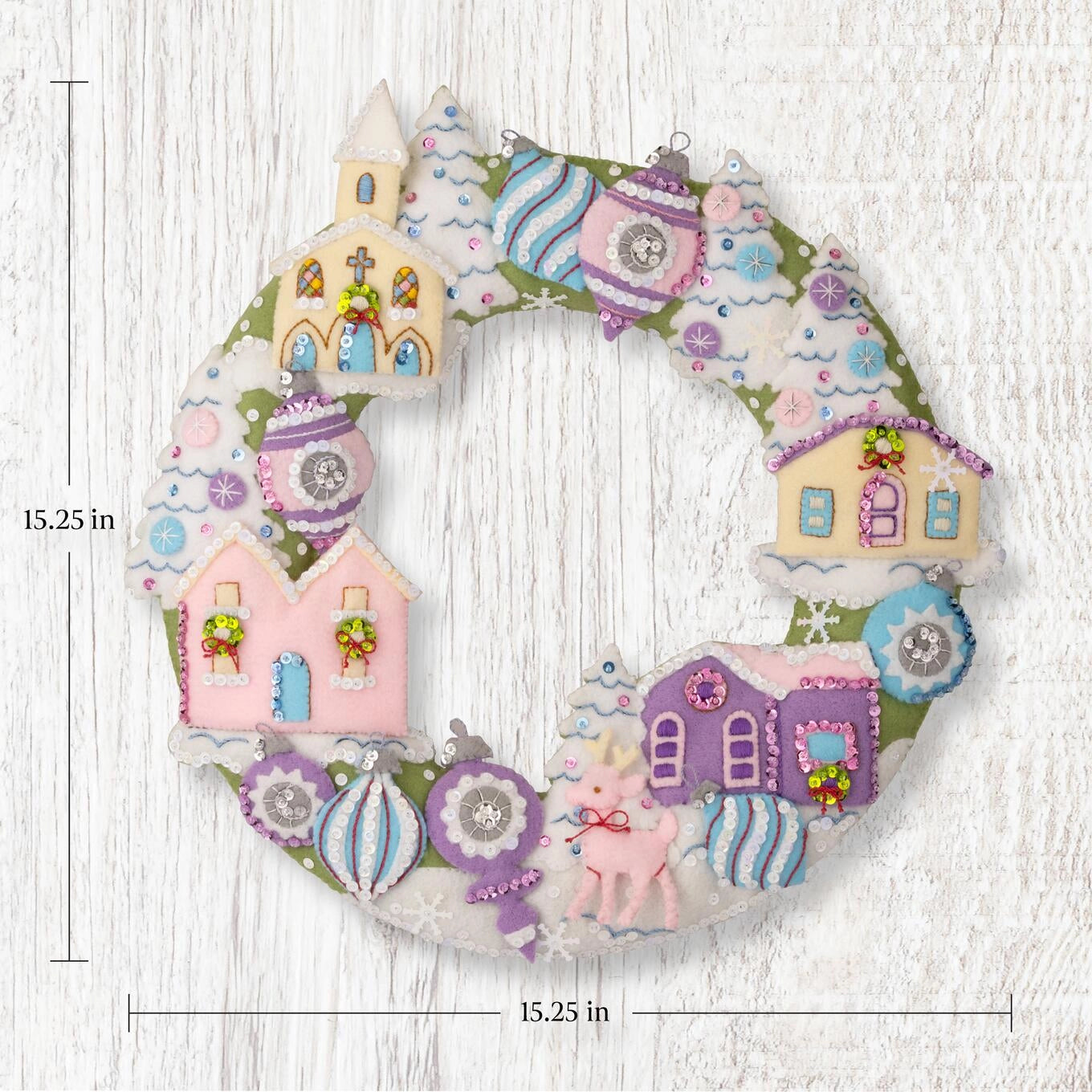 DIY Bucilla Putz Village Pastel Houses Christmas Felt Wreath Kit 89801