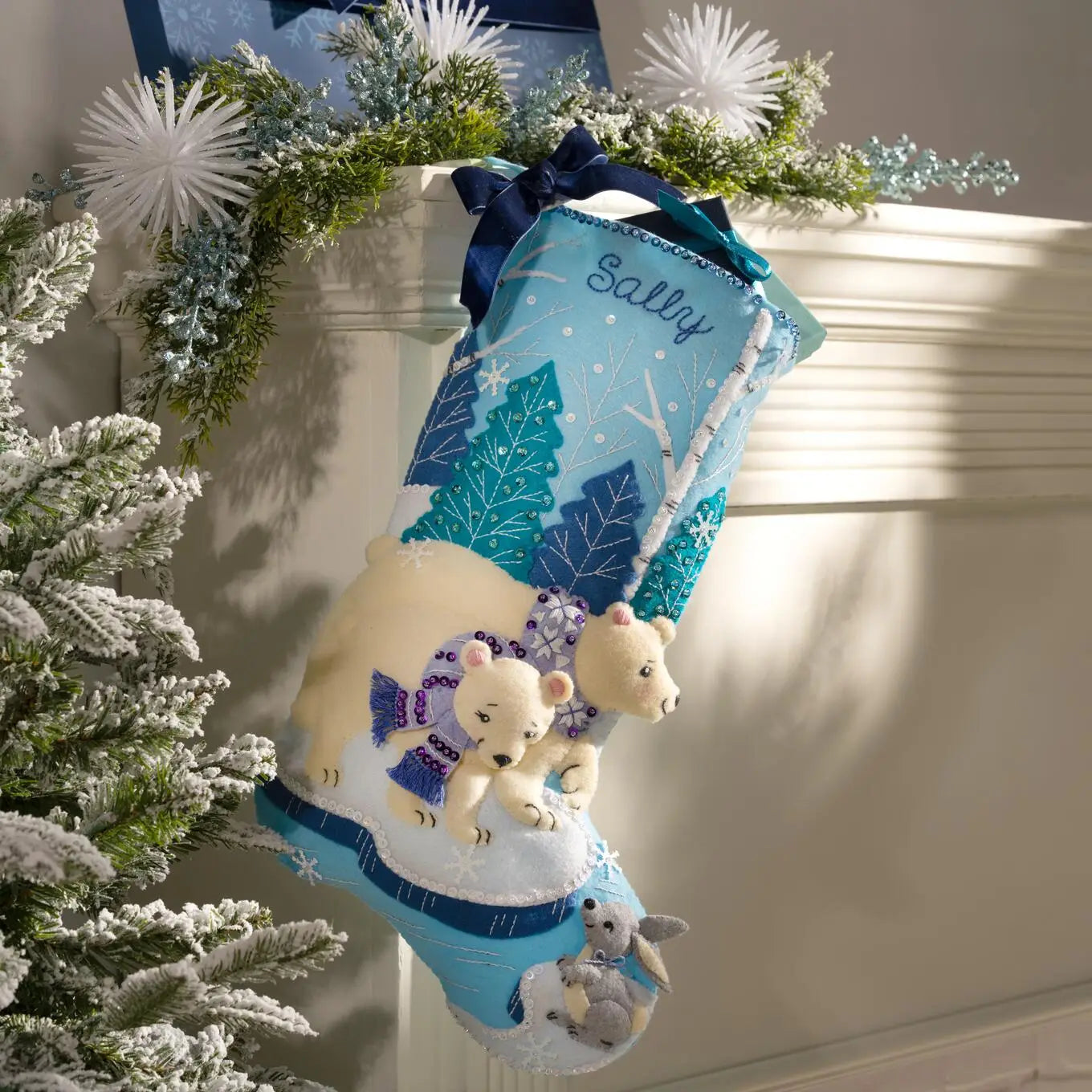 DIY Bucilla Polar Bear Pair Blue Purple Christmas Felt Stocking Kit