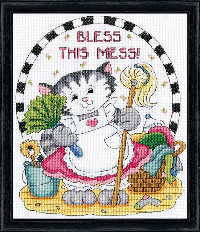 DIY Design Works Bless this Mess Cat Cleaning Counted Cross Stitch Kit 8x10