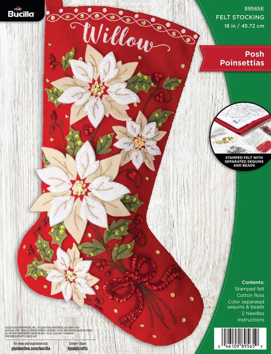 DIY Bucilla Posh Poinsettias Flowers Christmas Felt Stocking Kit