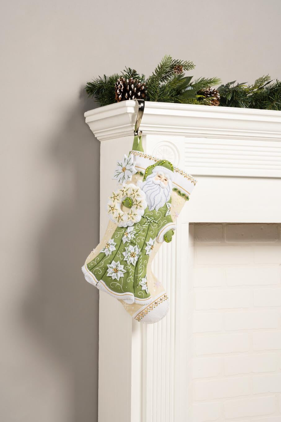 DIY Bucilla White Poinsettia Santa Christmas Felt Stocking Kit 89602E