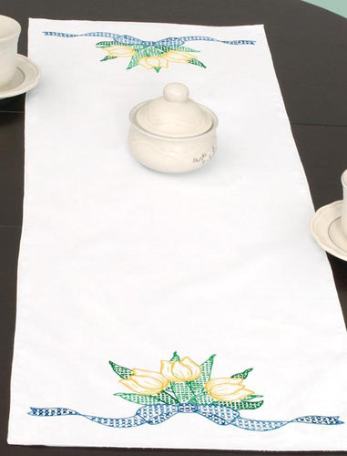 DMG DIY Jack Dempsey Tulips & Ribbon Stamped Embroidery Table Runner Kit