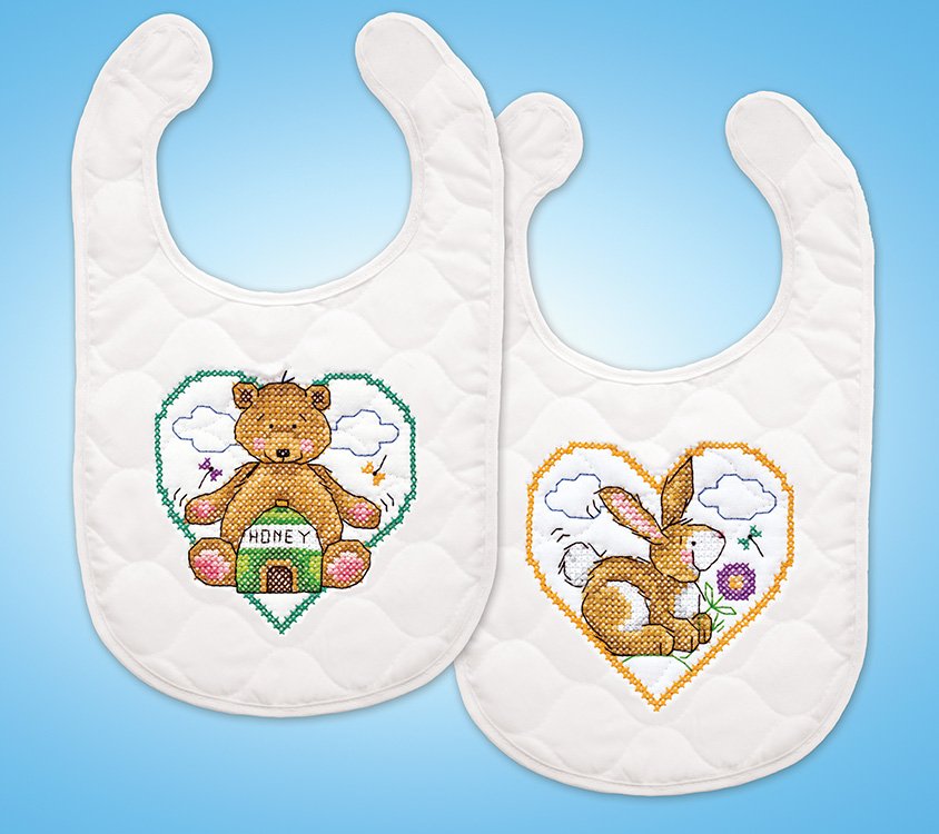 DIY Design Works Animal Hearts Quilted Stamped Cross Stitch Baby Bib Kit