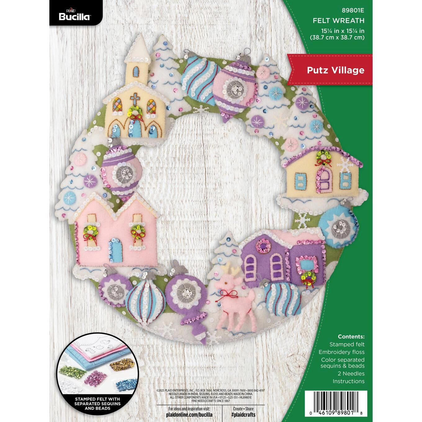 DIY Bucilla Putz Village Pastel Houses Christmas Felt Wreath Kit 89801