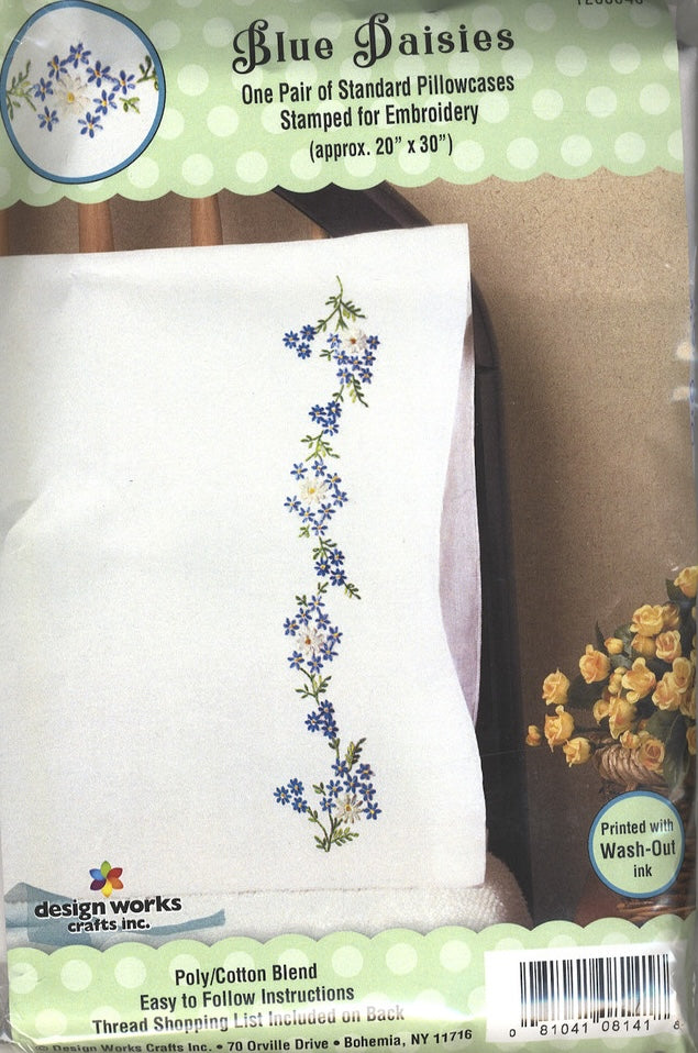 DIY Design Works Blue Daisies Flowers Stamped Embroidery Pillowcase Kit