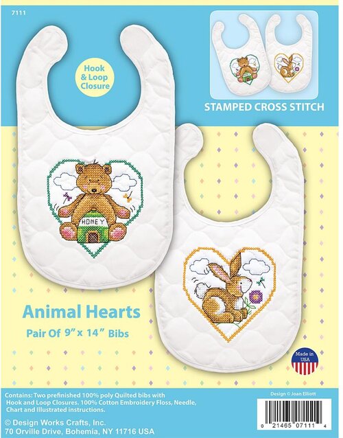 DIY Design Works Animal Hearts Quilted Stamped Cross Stitch Baby Bib Kit