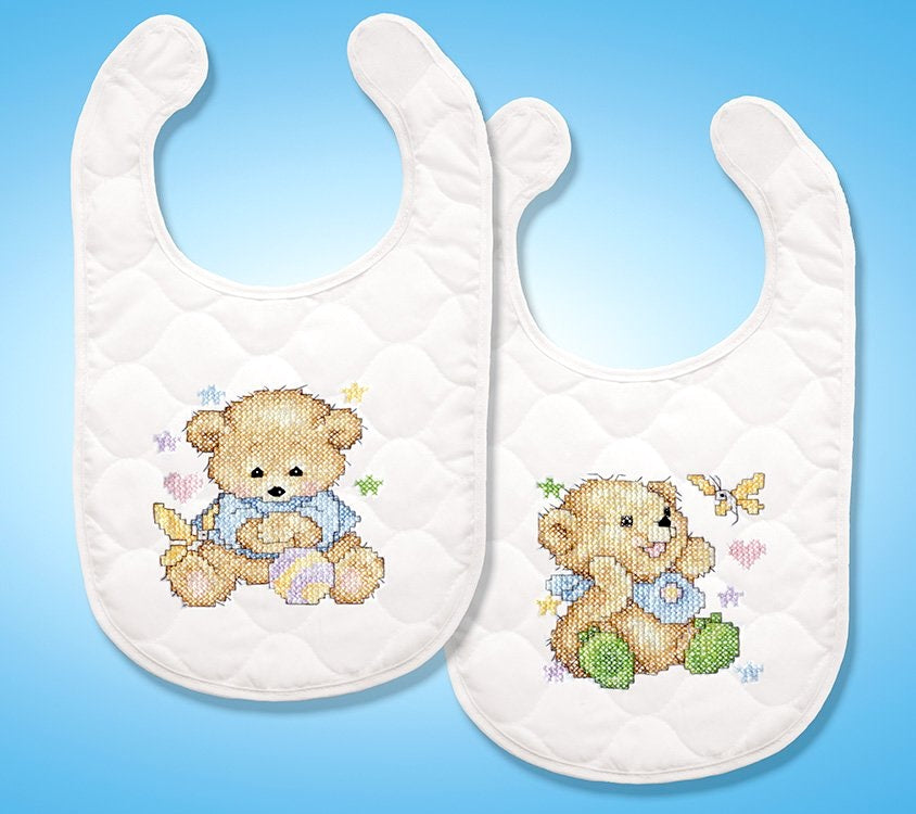 DIY Design Works Baby Bears Quilted Stamped Cross Stitch Baby Bib Kit