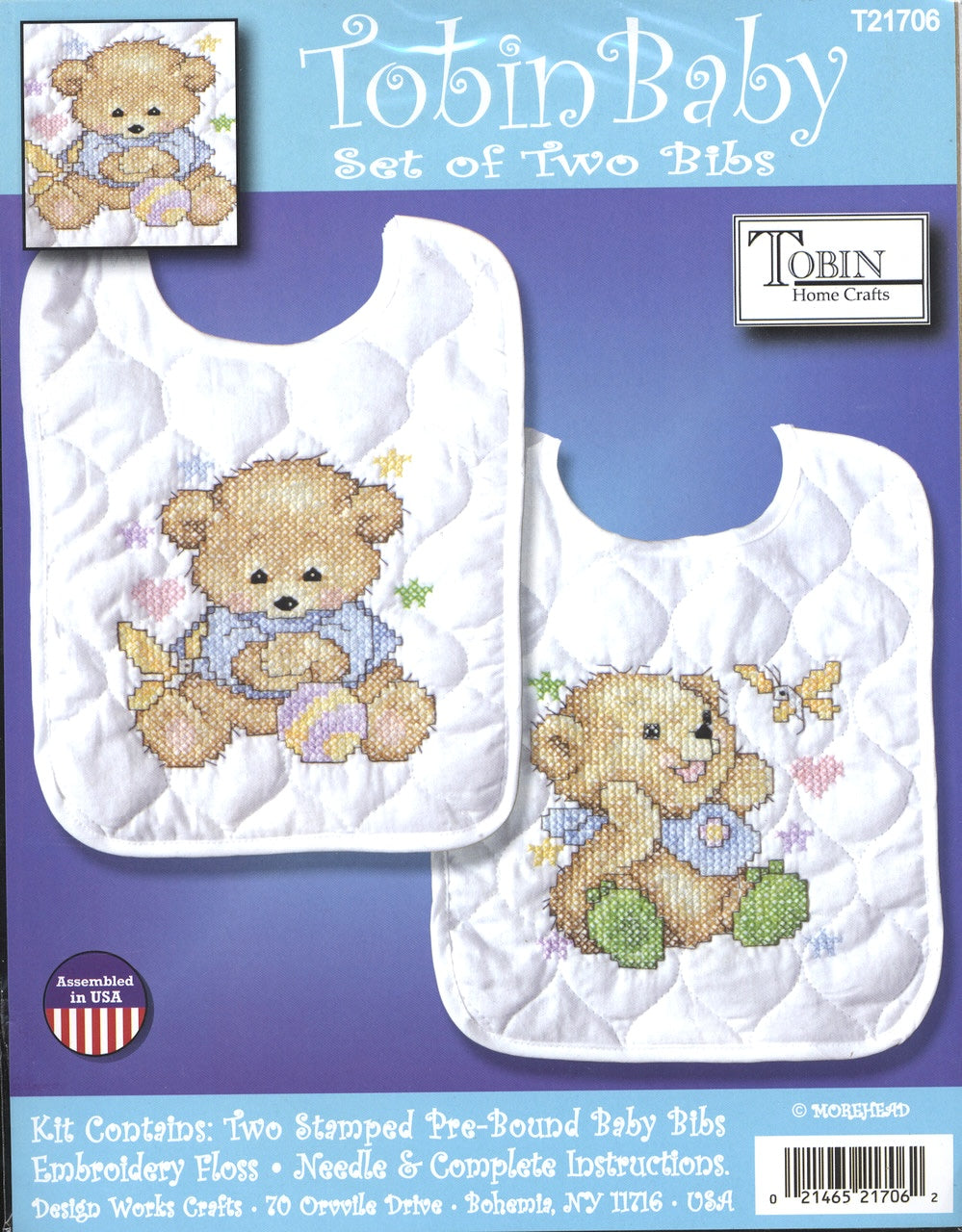 DIY Design Works Baby Bears Quilted Stamped Cross Stitch Baby Bib Kit