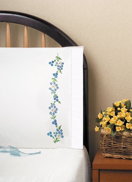 DIY Design Works Blue Daisies Flowers Stamped Embroidery Pillowcase Kit