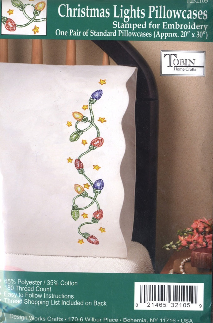 DIY Design Works Christmas Lights Stamped Embroidery Pillowcase Kit