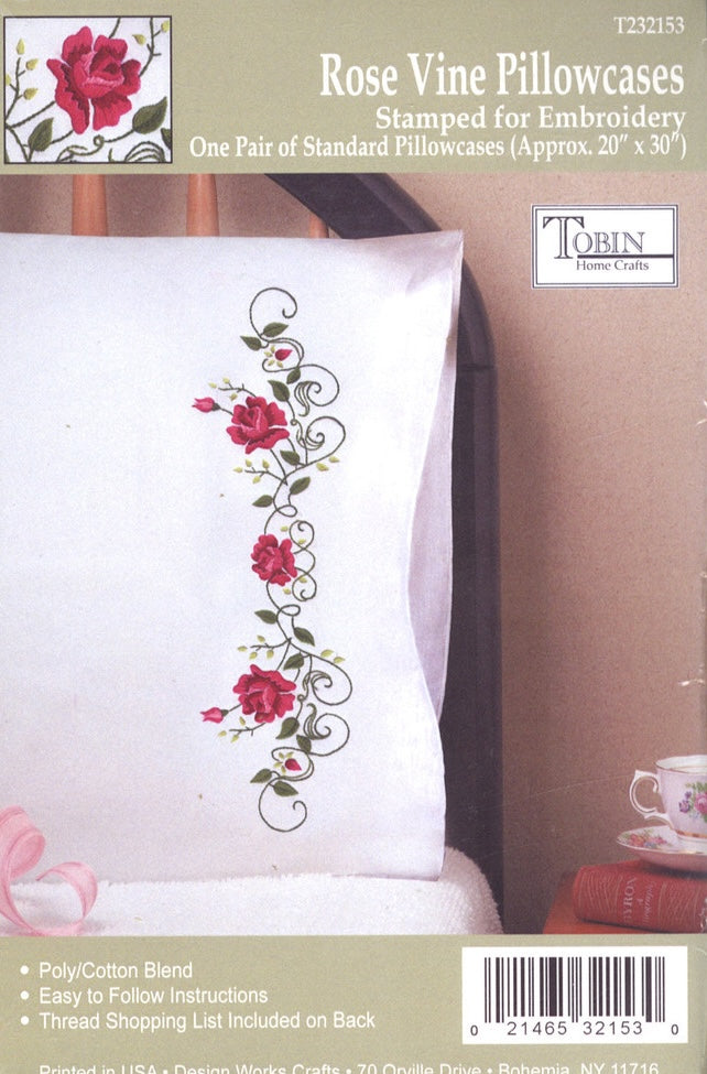 DIY Design Works Rose Vine Flower Stamped Embroidery Pillowcase Kit
