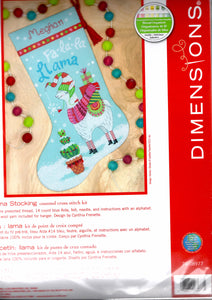 Dimensions counted cross stitch stocking kit. Design features a llama with gifts on his back and a cactus.