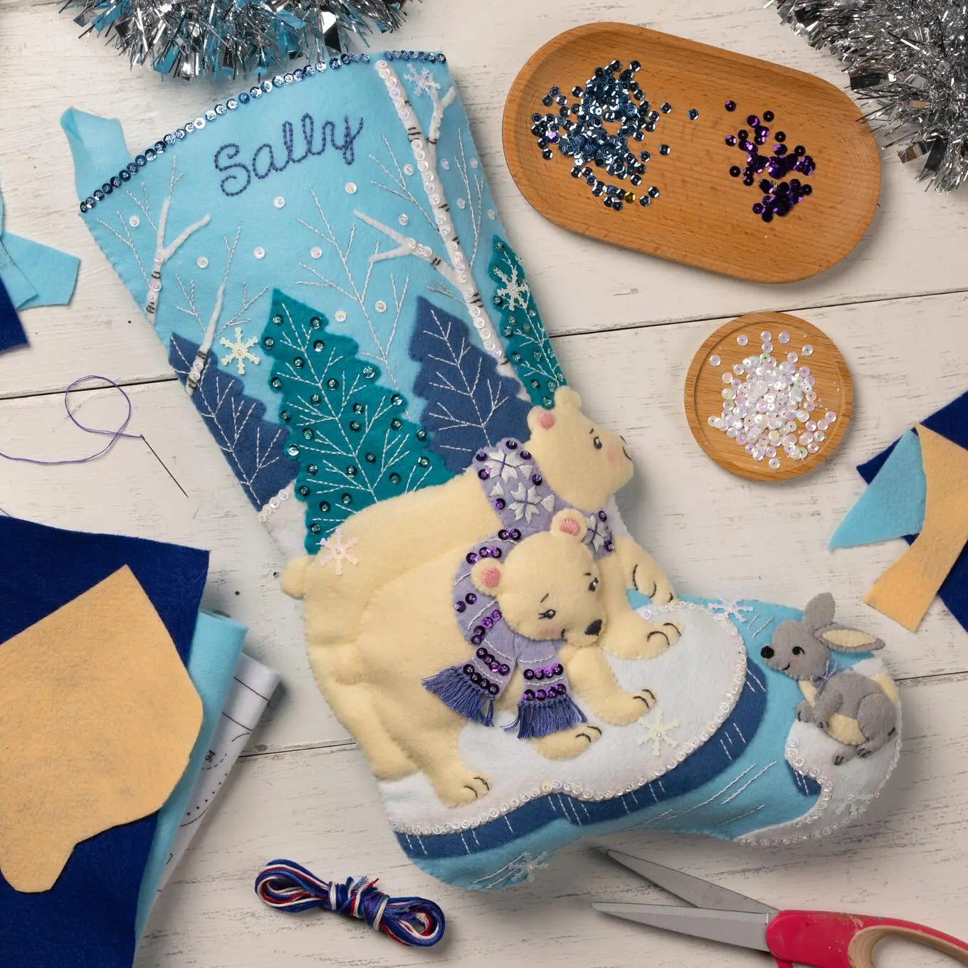 DIY Bucilla Polar Bear Pair Blue Purple Christmas Felt Stocking Kit