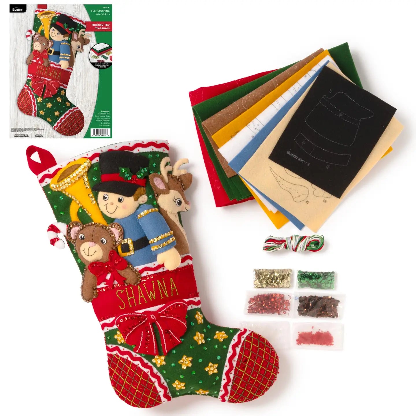 DIY Bucilla Holiday Toy Treasures Soldier Deer Christmas Felt Stocking Kit