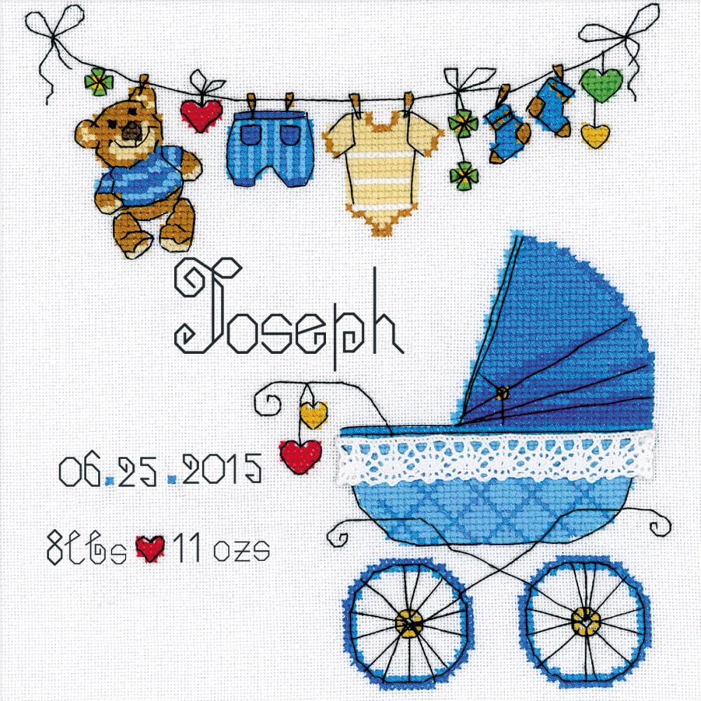 DIY Riolis Boys Buggy Baby Clothes Birth Record Counted Cross Stitch Kit 7.75"