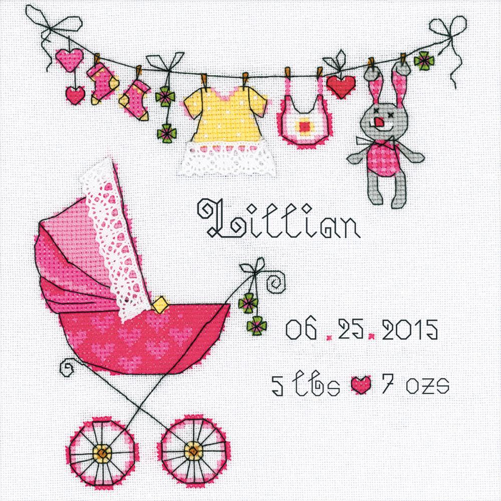 DIY Riolis Girls Buggy Baby Clothes Birth Record Counted Cross Stitch Kit 7.75"
