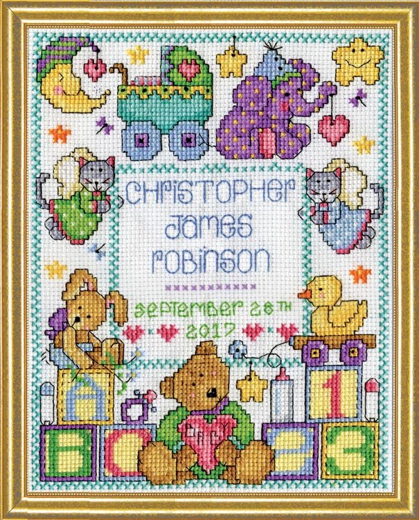 DIY Design Works Baby Sampler Nursery Birth Record Counted Cross Stitch Kit 8x10