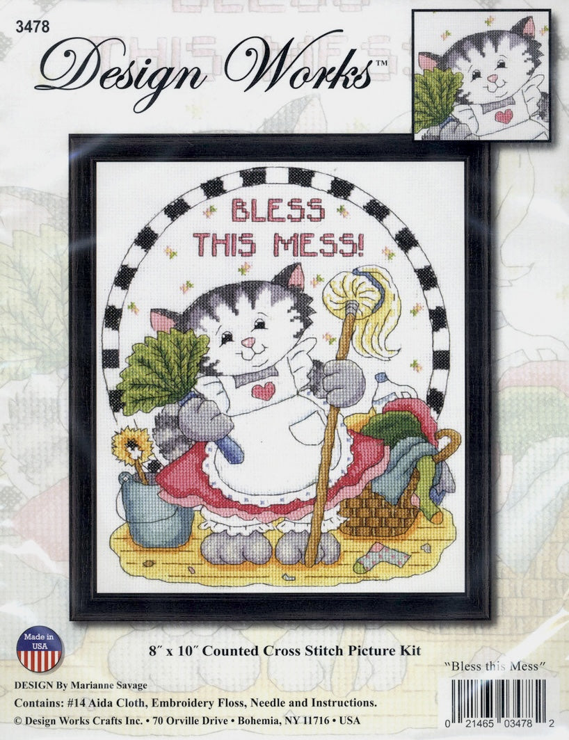 DIY Design Works Bless this Mess Cat Cleaning Counted Cross Stitch Kit 8x10