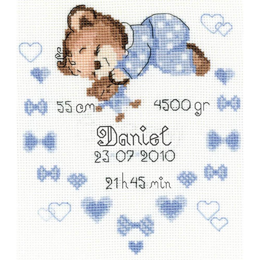 DIY Riolis Boys Bear Baby Birth Record Counted Cross Stitch Kit 7"x9.5"