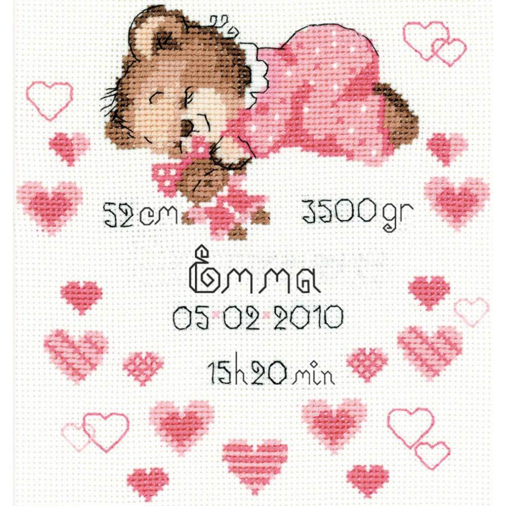 DIY Riolis Girls Bear Baby Birth Record Counted Cross Stitch Kit 7"x9.5"