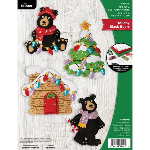 Bucilla Felt Ornaments Applique Kit Set of 4 - Holiday Black Bears