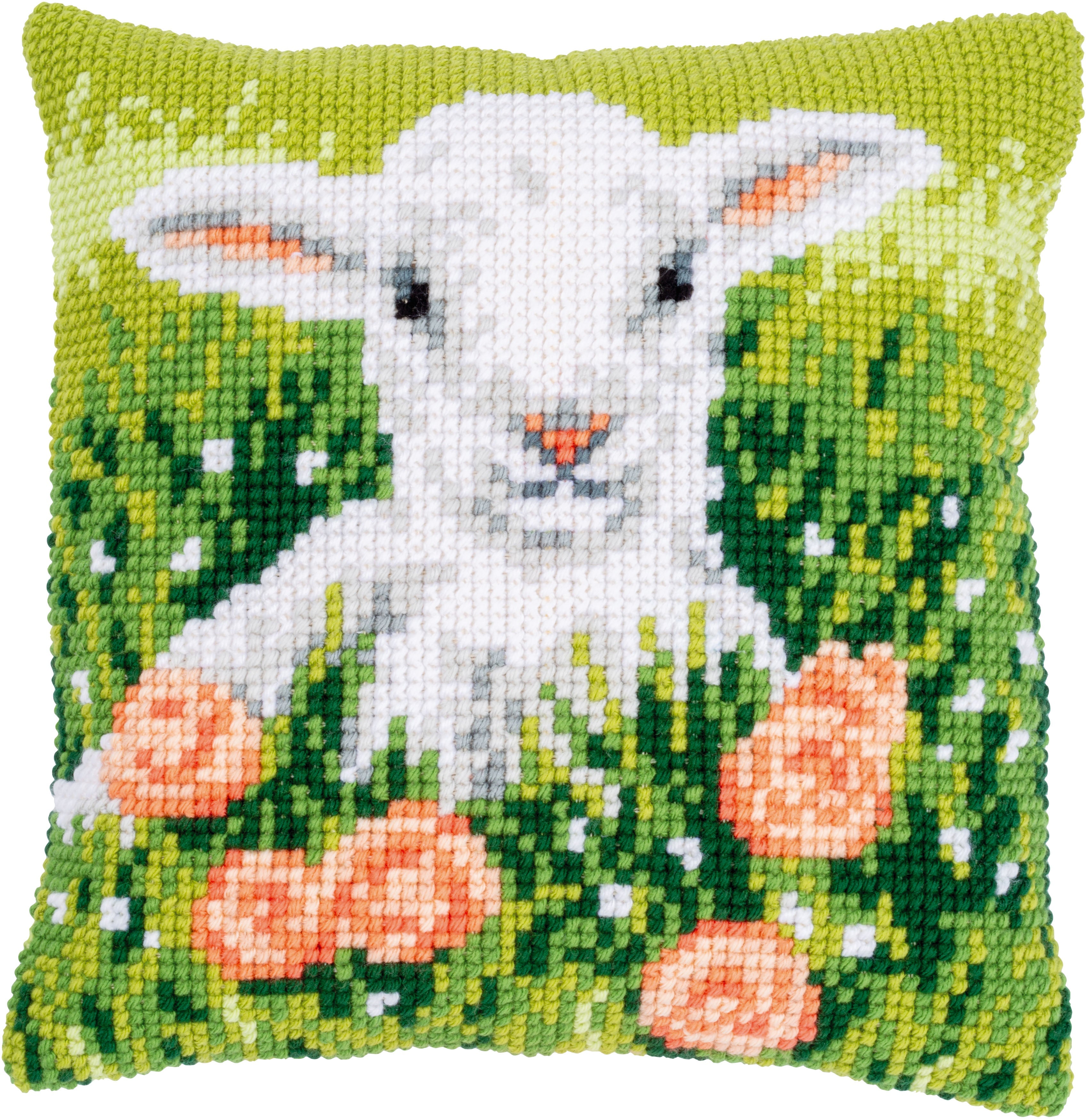 DIY Vervaco Lamb among Flowers Chunky Needlepoint 16" Pillow Top Kit