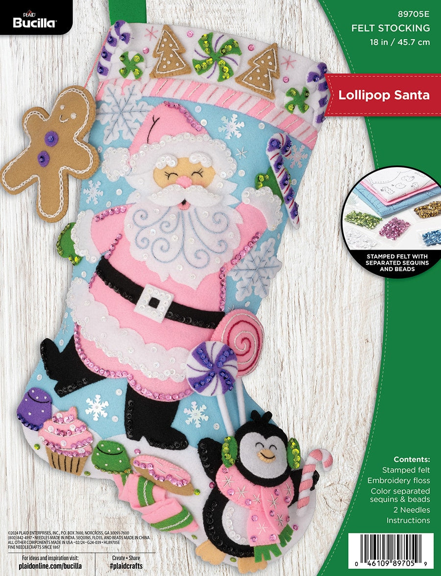 DIY Bucilla Lollipop Santa Pastel Christmas Felt Stocking Kit 89705E