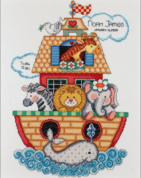 DIY Tobin Noahs Ark Baby Birth Record Gift Counted Cross Stitch Kit