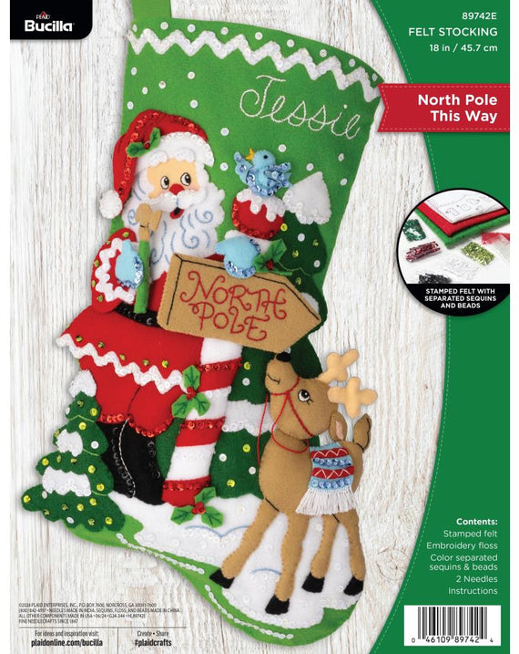 DIY Bucilla North Pole This Way Santa Christmas Felt Stocking Kit