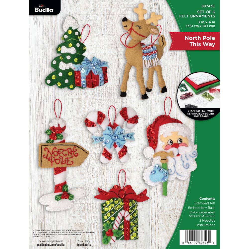 DIY Bucilla North Pole This Way Santa Christmas Felt Ornament Kit