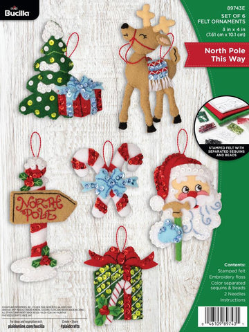 DIY Bucilla North Pole This Way Santa Christmas Felt Ornament Kit