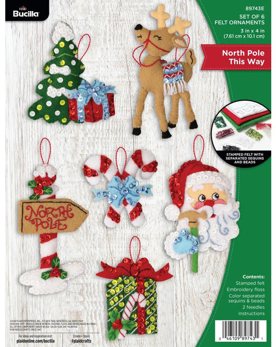 DIY Bucilla North Pole This Way Santa Christmas Felt Ornament Kit